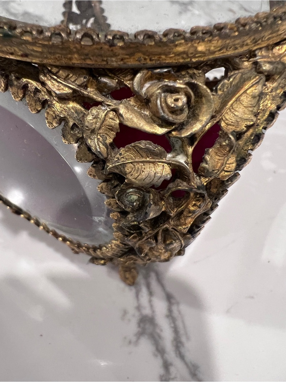 Vintage, Matson, Roses, Ormolu, Gilt, Beveled, , Jewelry Box, Red Velvet - Picture 9 of 10